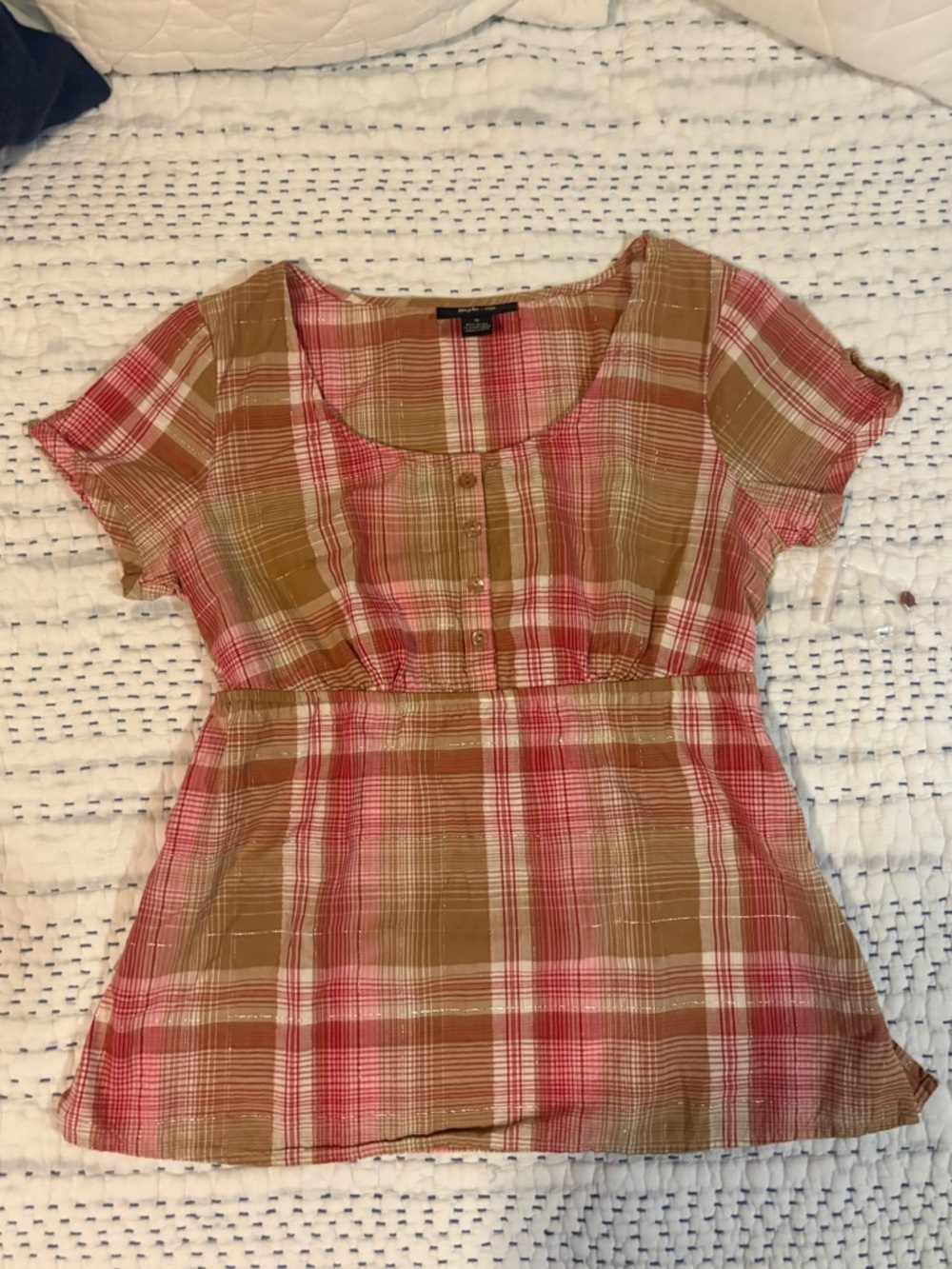 Short Sleeve Pink + Tan Plaid Baby Doll Top